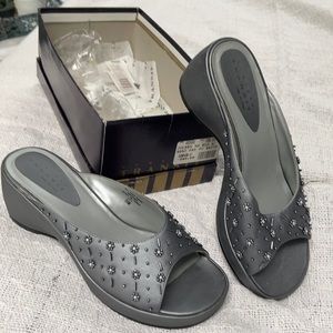 Transit platform/wedge slides. Worn one time grey satin /beads